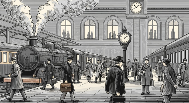 Vintage sketch of a busy Victorian steam train station.