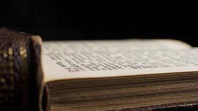 Closeup of an antique book with aged pages and ornate binding.