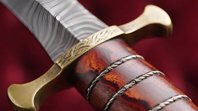 Closeup of an ornate Damascus steel sword hilt and blade.