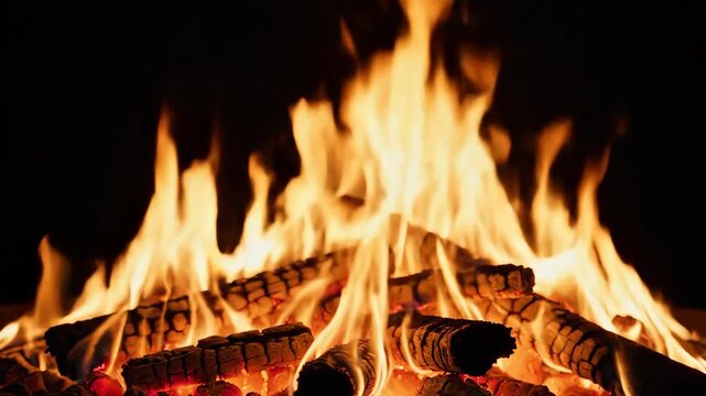 Dolly Shot Closing in on a Controlled Fire Pit with Glowing Logs and Bright Orange Flames Against a Black Background