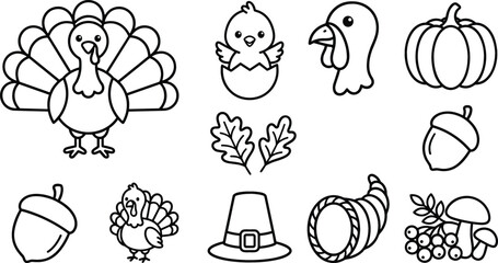 Thanksgiving Turkey and Autumn Harvest Line Art Icon Set with Pumpkin Pilgrim Hat and Cornucopia for Graphic Designs © Md shain