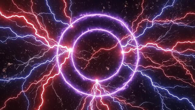 Glowing purple rings surrounded by vibrant red and blue lightning bolts