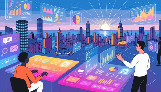 Very beautiful holographic workspace with floating transparent screens, glowing digital desks, and panoramic futuristic skyline creating an inspiring high-tech productivity atmosphere in cinematic vec
