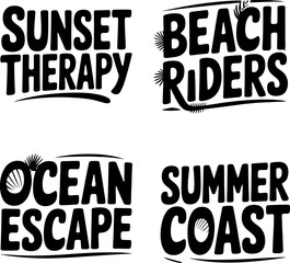 Obraz premium Typography set presenting sunset and ocean inspired phrases decorated with seashell motifs and stylized lines for nautical apparel or coastal decor graphics on a simple high contrast background.