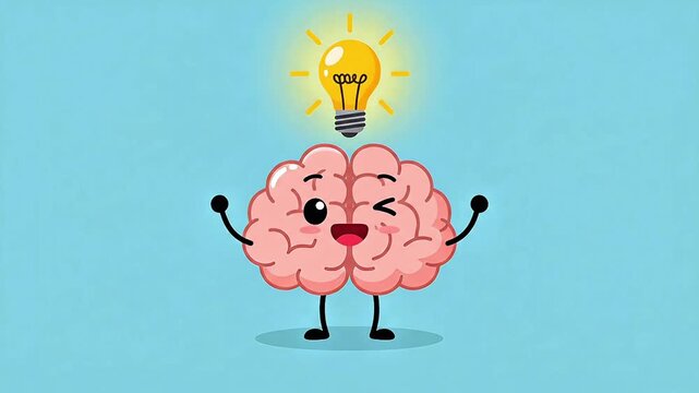 A cheerful cartoon brain character with a lightbulb above it stands on a plain background.