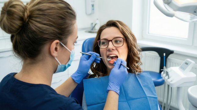 Dentist examining patient teeth during routine checkup in modern clinic