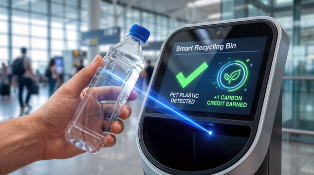 Smart recycling bin detecting bottle and awarding carbon credit instantly