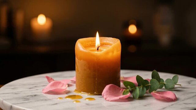 Burning wax candle on marble tray with rose petals and eucalyptus. Aromatherapy and spa wellness massage background
