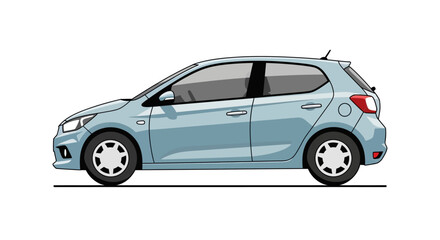 Fototapeta premium Modern blue hatchback car in profile on white background.