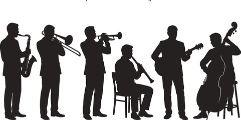 Fototapeta premium Live Jazz Band Musician Silhouette Vector Set Featuring Brass and String Performers Playing Saxophone Trombone Trumpet Clarinet Guitar and Double BassLive Jazz Band Musician Silhouette Vector Set Feat