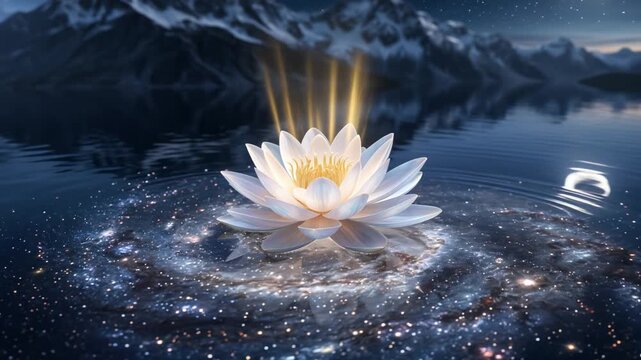 Glowing lotus flower floating on water with reflecting galaxy and mountain landscape. Zen meditation and yoga background loop