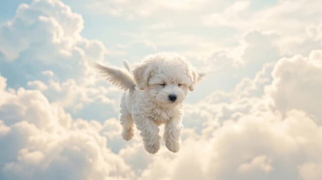 White puppy flying with wings in cloudy sky. Cute dog angel floating in heaven clouds. Fantasy pet animation