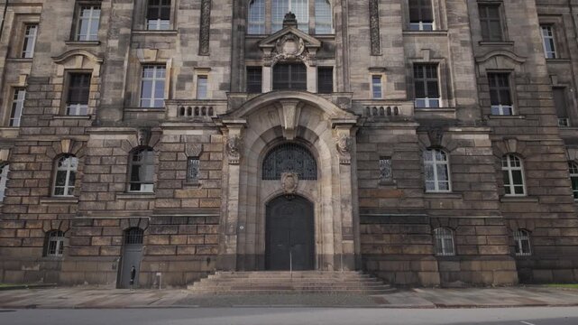 Tilt up view of the Saxon State Chancellery or Chamber in Dresden, Germany. The Historicist government building located on the northern banks of the Elbe River, built between 1900 and 1904.