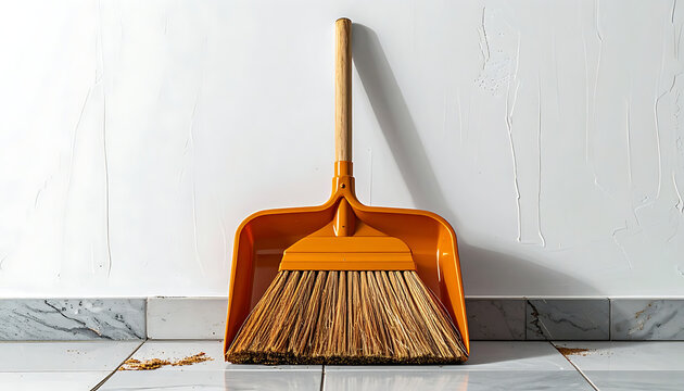 Dustpan and brush set for cleaning, leaning against a white tiled wall, concept of tidiness and hygiene