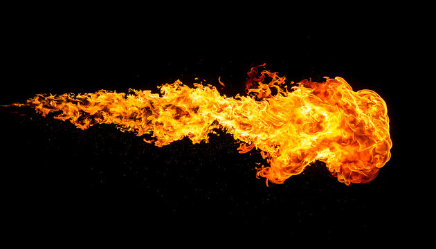 Fiery jet stream of orange and yellow flames bursting from the left on a black background, energy blast, dynamic motion