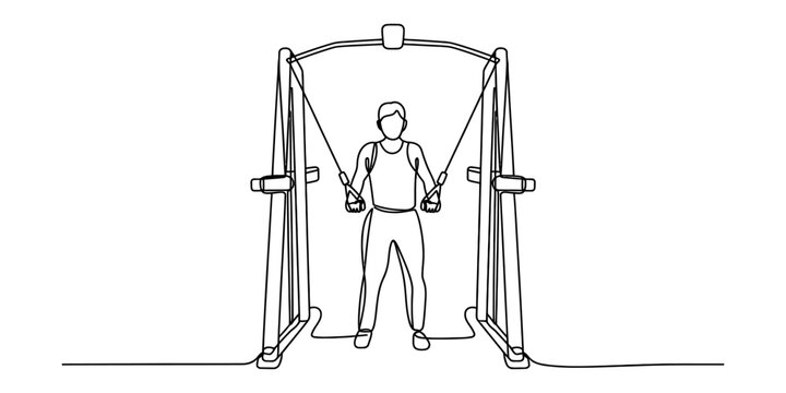 Line art drawing of a person doing cable crossover exercise on a gym machine, fitness and workout concept