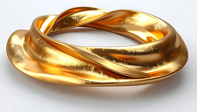 Golden twisted ribbon torus knot shape with metallic texture, luxury abstract form on a light background
