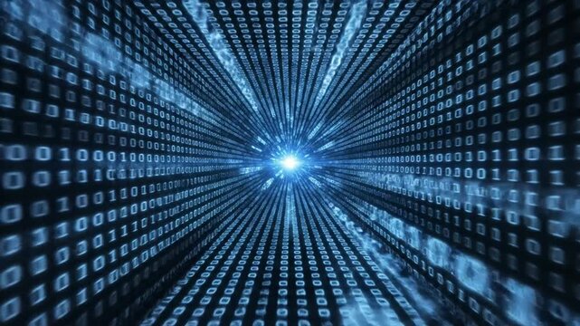 Futuristic digital data stream tunnel glowing in blue cyberspace.