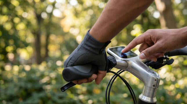 Cyclist interacting with smart digital display on bicycle handlebars during outdoor ride