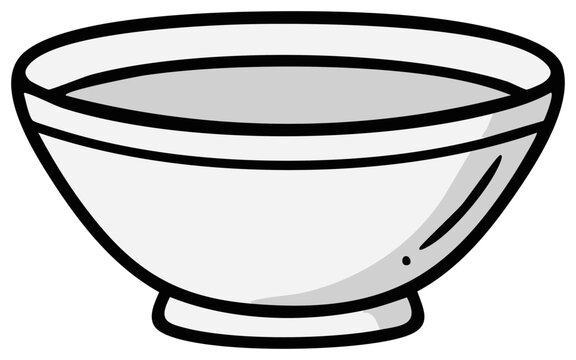 Depiction of a cartoon white ceramic bowl filled with liquid for food preparation or a savory meal