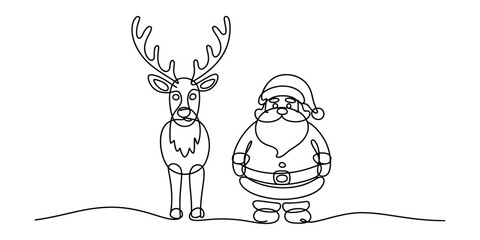 Simple line drawing of santa claus and a reindeer standing together in the snow © DCB Line Stocker