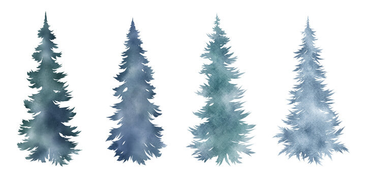 Set of isolated digital Christmas trees with a watercolor effect