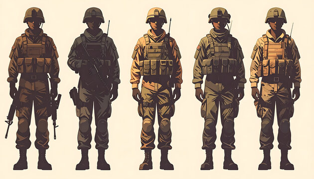 Five soldiers in pixel art style, wearing tactical gear and helmets, standing side by side on a muted background, representing military, security, and defense concepts
