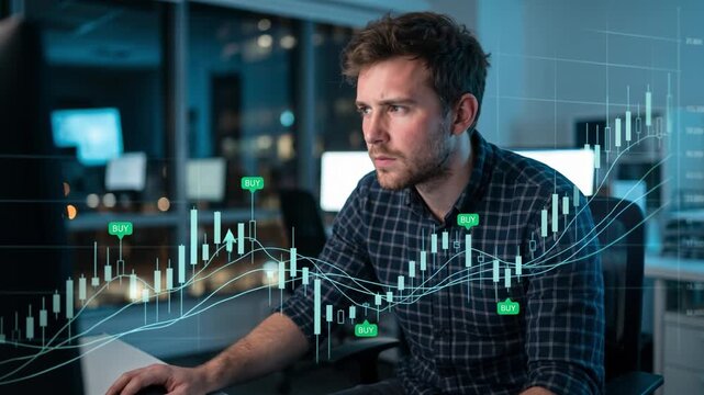 Financial trader analyzing stock market candlestick chart at night. Young man investing in cryptocurrency on computer screen
