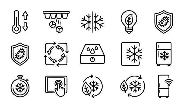 Minimal refrigerator cooling system icon set with modern appliance features