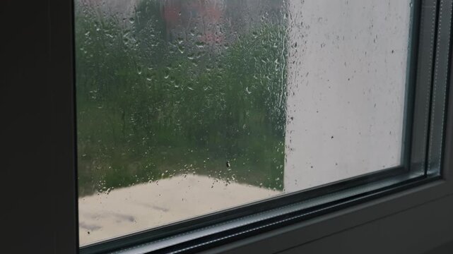 A close-up view of heavy raindrops sliding down a glass window pane. The blurred background shows lush green trees and a white building wall. The moody weather creates a calm atmosphere.