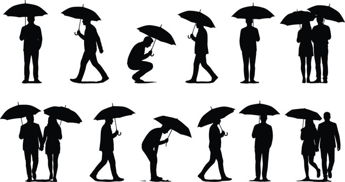 People Walking and Standing with Umbrellas Silhouette Vector Set Featuring Couples and Commuters in Rainy Weather for Seasonal Autumn ConceptsPeople Walking and Standing with Umbrellas Silhouette Vect