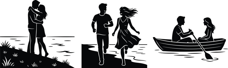 Romantic Couple Silhouette Vector Set Featuring Lovers Hugging on Shore Running along Beach and Rowing Boat for Valentines Day Concept DesignsRomantic Couple Silhouette Vector Set Featuring Lovers Hug © Sonjoy