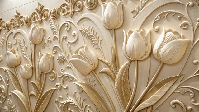 Elegant basrelief carving of tulips and ornate details in beige