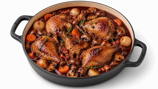 Authentic coq au vin dish isometric 3D illustration, isolated premium French food render for corporate menu and presentation design