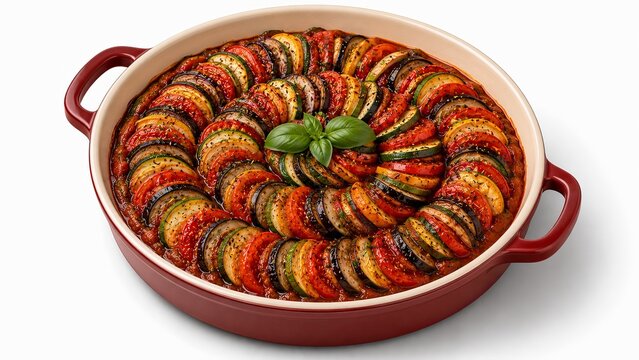 Vibrant ratatouille casserole isometric 3D illustration, isolated premium vegetarian food render on white background for presentation design