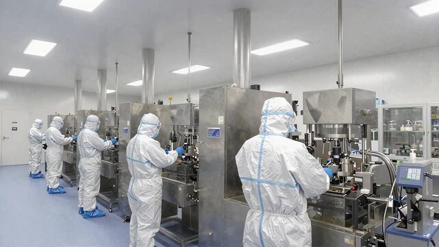 Workers in Protective Gear Operating Machinery in a Cleanroom Environment