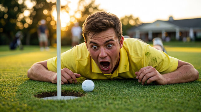 Funny male golfer lying on the green grass screaming intensely at a golf ball near the hole. Cinematic lighting and a golden hour glow highlight the humorous comedic lifestyle style.
