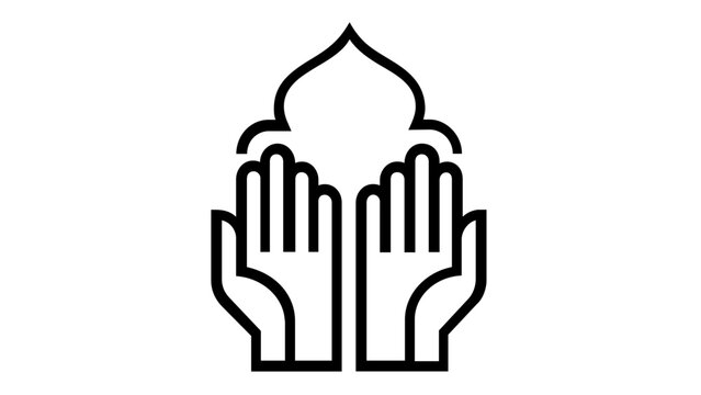 Minimalist vector icon illustration of hands raised in Islamic prayer and supplication with a mosque dome outline, perfect for Ramadan Kareem, Eid Mubarak, and Muslim religious spiritual themes.