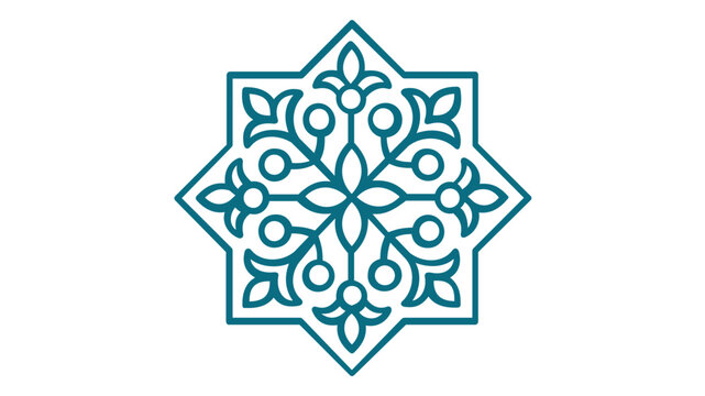Teal Islamic geometric star line icon vector illustration featuring intricate arabesque floral motifs and a traditional eight-pointed star pattern for Ramadan, Eid, and Middle Eastern decor.