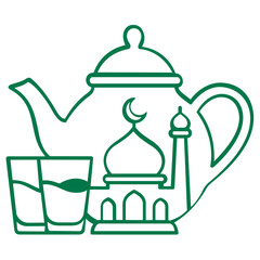 Green line art vector illustration of a traditional Islamic teapot featuring a crescent moon, mosque dome, and minaret, perfect for Ramadan Kareem, Eid al-Fitr, and Muslim cultural celebrations.