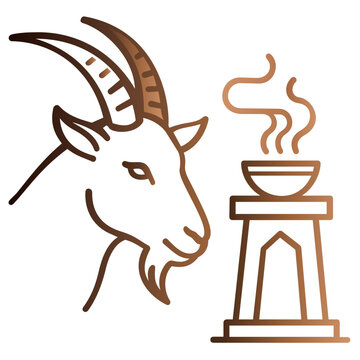 Sacrificial goat line icon vector illustration for Eid al-Adha and Islamic traditions, featuring a goat head with horns and a steaming bowl of food, symbol of sacrifice and religious celebration.