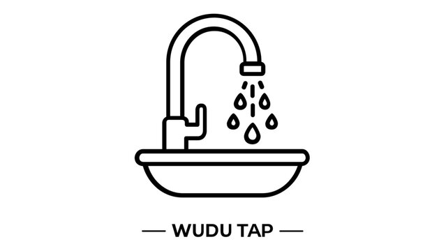 Wudu Ablution Tap Vector Icon Illustration, Islamic Ritual Washing Before Prayer, Faucet with Water Drops and Basin Outline, Ramadan and Muslim Culture Symbol for Religious Practices and Hygiene.