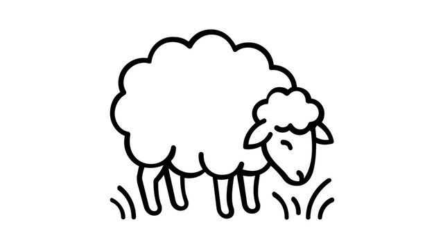 Grazing fluffy sheep line icon vector illustration, minimalist black and white outline of a lamb eating grass, perfect for Eid al-Adha, Islamic religious sacrifice, and farm animal design themes.
