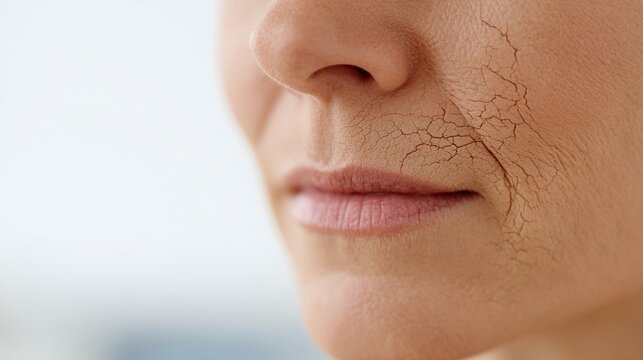 Closeup dramatic dry cracked facial skin showing severe dehydration and texture for skincare treatment poster