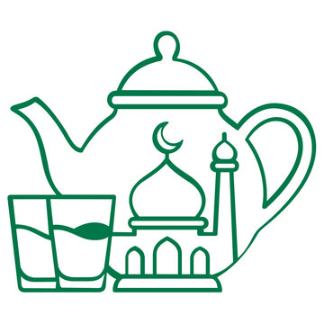 Green line art vector illustration of a traditional Islamic teapot featuring a crescent moon, mosque dome, and minaret, perfect for Ramadan Kareem, Eid al-Fitr, and Muslim cultural celebrations.