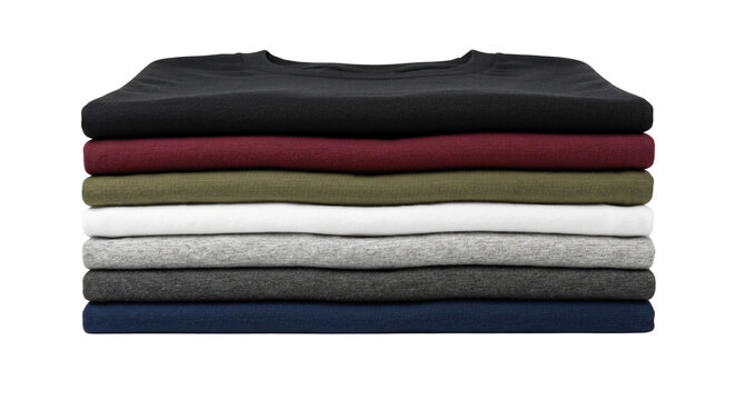 Stack of folded colorful cotton t-shirts on transparent background