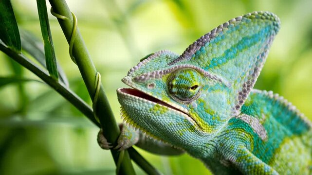 Detailed close up of a vibrant veiled chameleon opening its mouth and looking around in a jungle