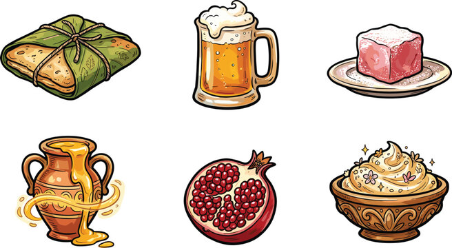 Traditional Food and Drink Illustration Set with Tamale, Beer Mug, Turkish Delight, Honey Jar, Pomegranate, and Dessert Bowl for Cultural Design Projects