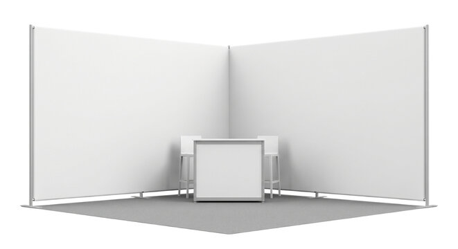 Blank white corner exhibition booth setup on transparent background