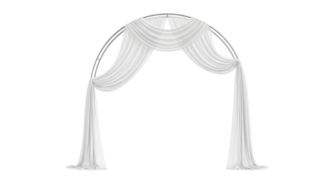 White draped circular wedding ceremony arch on transparent background